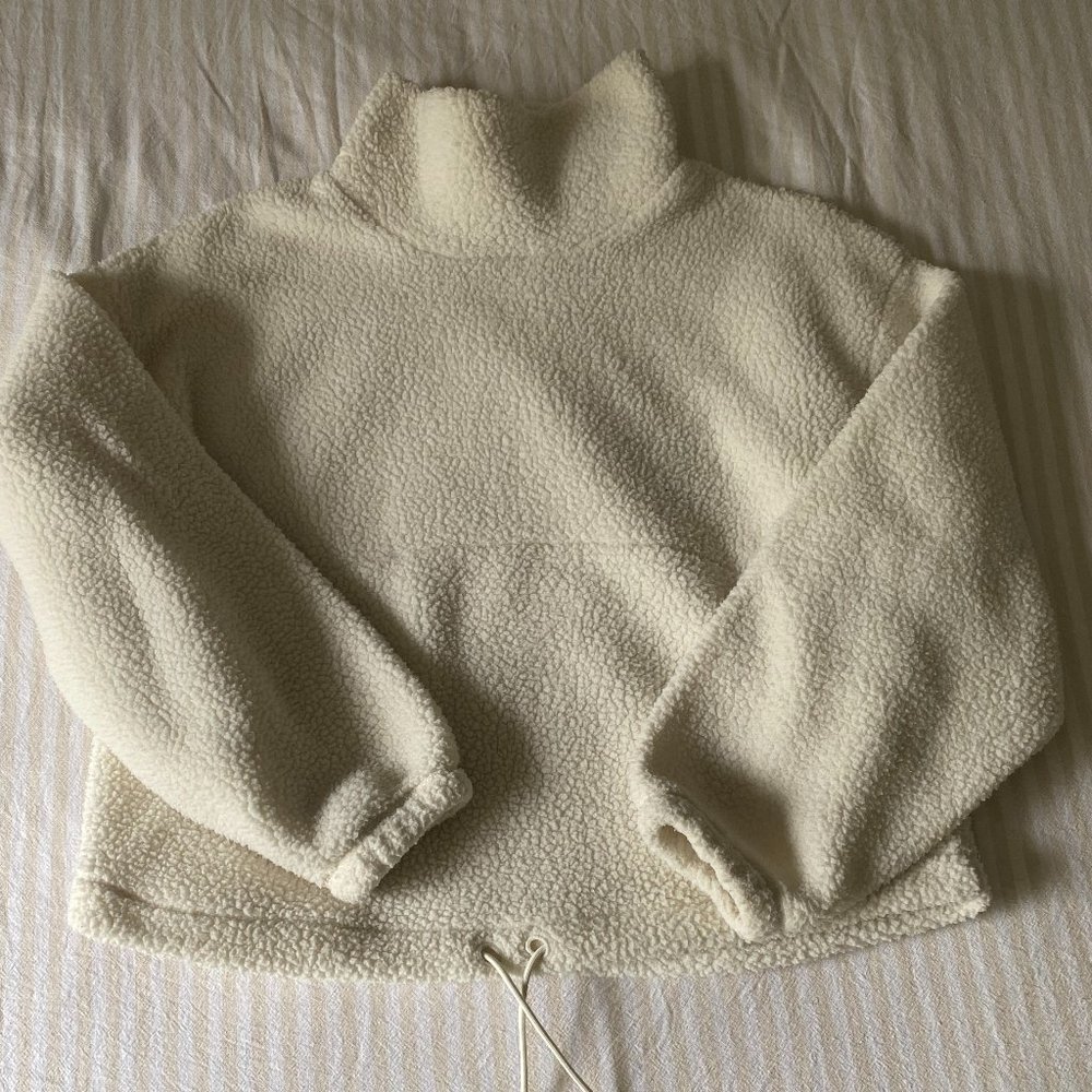 oversized, cream, fuzzy turtle neck with adjustable waist ties from Old Nav